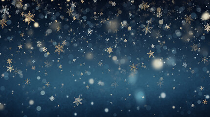 Flocos de neve e estrelas descendo no fundo, - obrazy, fototapety, plakaty