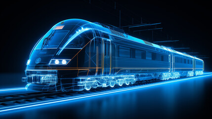 High speed train with blue glowing lines on dark background 3D rendering