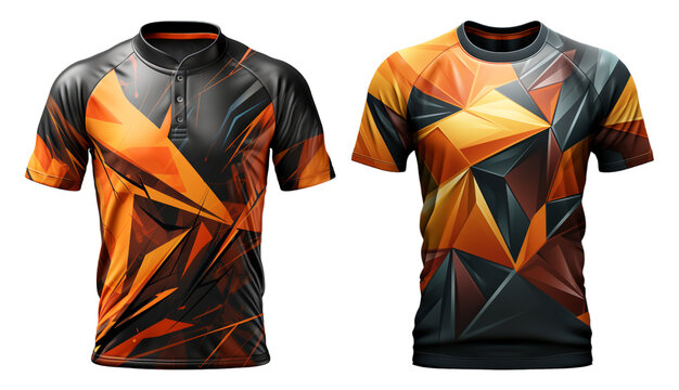 sport polo t-shirt with orange black abstract pattern front view, isolated on transparent background, generative ai