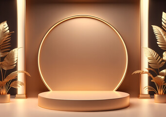 Podium background product 3D gold cosmetic platform nature beige display advertising backdrop studio. Generative AI