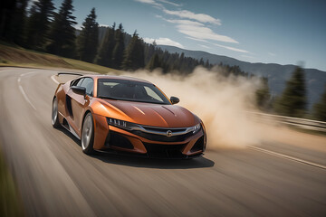 Side view of orange sport car on road with motion blur.