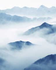 snow covered mountains with fog at high altitude, vertical orientation - obrazy, fototapety, plakaty