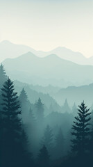 Illustration of foggy forests and mountains, flat vector style, good for vertical advertisements and smartphone backgrounds. 