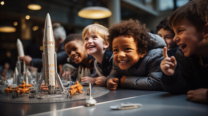 Photo of a group of happy multinational children assemble a model of the Space launch vehicle in a classroom - obrazy, fototapety, plakaty