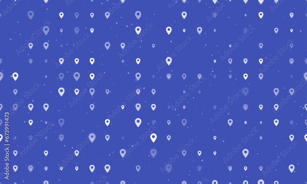 Poster seamless background pattern of evenly spaced white location symbols of different sizes and opacity. 