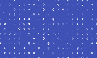 Seamless background pattern of evenly spaced white location symbols of different sizes and opacity. Vector illustration on indigo background with stars
