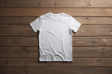 White t-shirt on wooden background. Mockup for design.