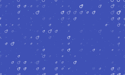 Seamless background pattern of evenly spaced white mars symbols of different sizes and opacity. Vector illustration on indigo background with stars
