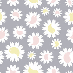 Fototapeta na wymiar seamless repeat pattern with simple pastel pink and yellow bird motifs on white flowers on a gray background perfect for fabric, scrap booking, wallpaper, gift wrap projects