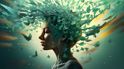 Beautiful woman with green leaves in her hair 3d rendering Mental health problems concept - obrazy, fototapety, plakaty