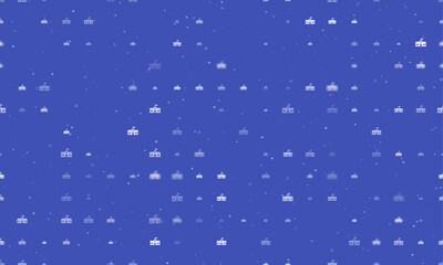 Seamless background pattern of evenly spaced white school building symbols of different sizes and opacity. Vector illustration on indigo background with stars
