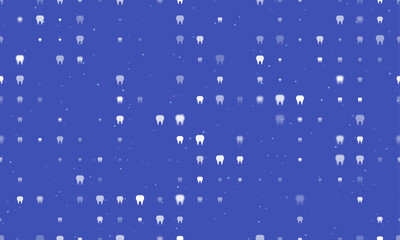 Seamless background pattern of evenly spaced white tooth symbols of different sizes and opacity. Vector illustration on indigo background with stars