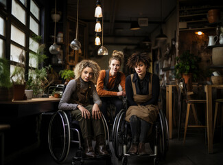 Obraz premium Portrait of diverse creative team of three women looking at camera while posing in flower shop, wheelchair user inclusion. People with disabilities in the workplace.