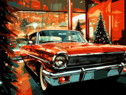 Holiday Nostalgia - Classic Red Car Amidst Festive Decorations. Red retro car near the Christmas tree. Concept of Merry Christmas and Happy New Year. Santa car in the room with a Christmas tree.
