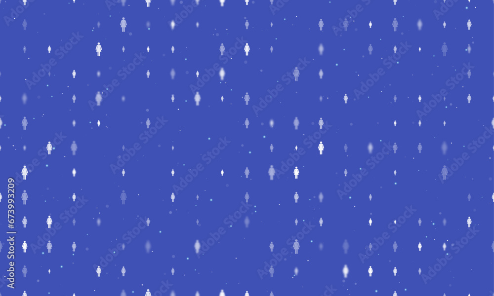 Poster seamless background pattern of evenly spaced white woman symbols of different sizes and opacity. vec