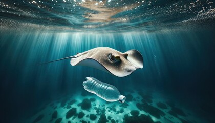 oceans silent witness, a stingray, hovers near a lone plastic bottle, a photography shot highlighting invasion of waste