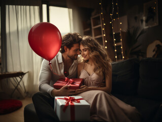 A young loving couple celebrating Valentine's Day in the home. Holiday concept. Happy married couple in love at bedroom February 14. Lovers give each other gifts in romance room for Valentines Day.