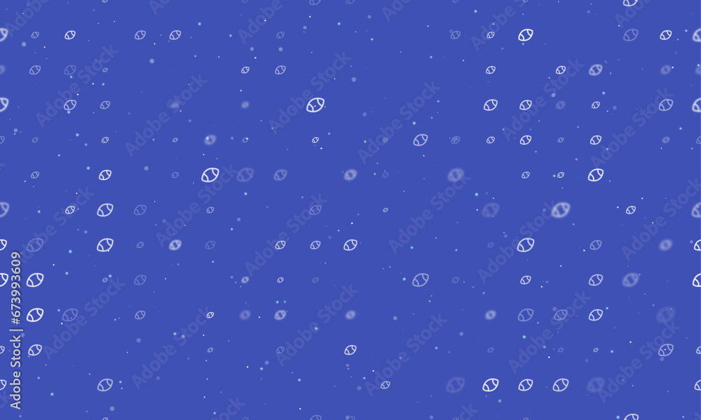 Poster seamless background pattern of evenly spaced white rugby symbols of different sizes and opacity. vec