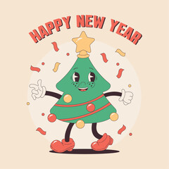 Christmas tree in groove style, greeting card in retro style, Merry Christmas and Happy New Year.