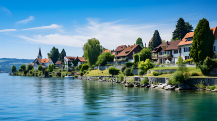 A photo of Lake Constance, with a peaceful lakeside village as the background, during a serene morning