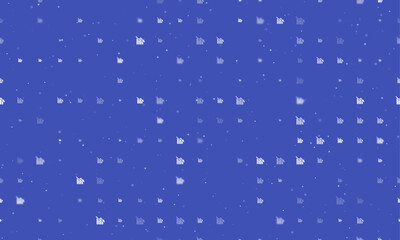 Seamless background pattern of evenly spaced white chart down symbols of different sizes and opacity. Vector illustration on indigo background with stars