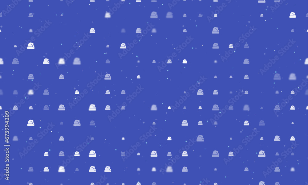 Poster seamless background pattern of evenly spaced white santa claus hat symbols of different sizes and op