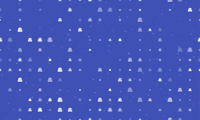 Seamless background pattern of evenly spaced white santa claus hat symbols of different sizes and opacity. Vector illustration on indigo background with stars