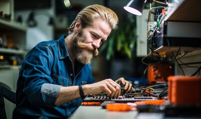 portrait of Electrical and Electronic Equipment Assembler, Assemble or modify electrical or electronic equipment, such as computers, test equipment telemetering systems, electric motors, and batteries - obrazy, fototapety, plakaty