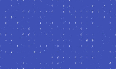 Seamless background pattern of evenly spaced white cent symbols of different sizes and opacity. Vector illustration on indigo background with stars