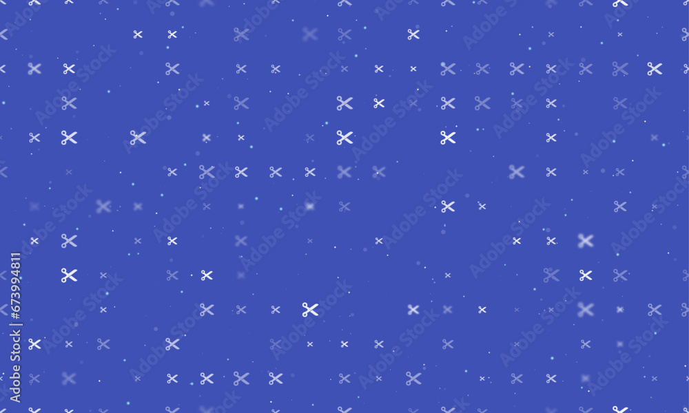 Poster seamless background pattern of evenly spaced white scissors symbols of different sizes and opacity. 
