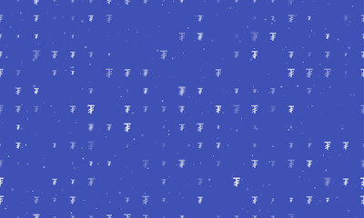 Seamless background pattern of evenly spaced white tugrik symbols of different sizes and opacity. Vector illustration on indigo background with stars