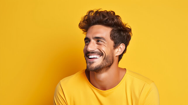 young man with beard smiles, one color background