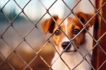 Brown and white puppy looking through a metal fence