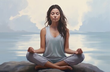 Fototapeta na wymiar woman meditating on beach