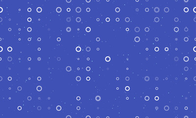 Seamless background pattern of evenly spaced white circle symbols of different sizes and opacity. Vector illustration on indigo background with stars