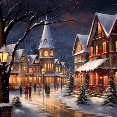 Festive Christmas winter snowy night street