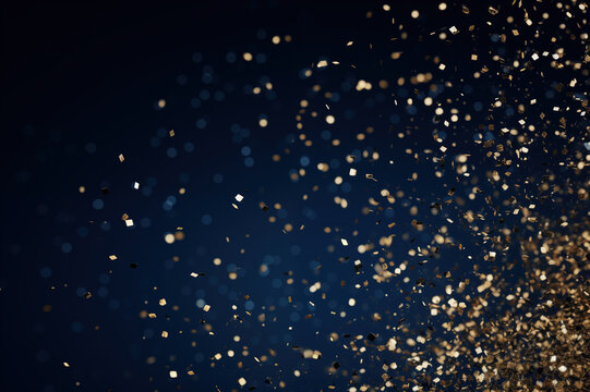 Abstract Flying Gold Dust, Confetti, Shining Particles of Glitter With Glowing Sparks of Light, Texture Effects of Falling Glittering Blurred Motion Festive Celebration on a Dark Blue Navy Background