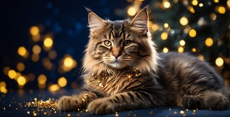 A gray-brown Maine Coon cat poses looking into the camera on a blue Christmas background.