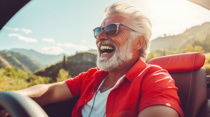 Senior man smiling, happy in his brand new car - obrazy, fototapety, plakaty
