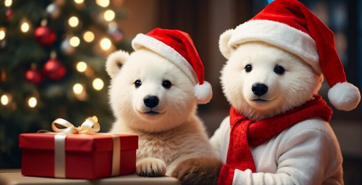 Two white polar bears pose against a Christmas background dressed in winter clothes and Santa Claus hats. Christmas background. Holiday Concept. Digital painting illustration. Generative AI