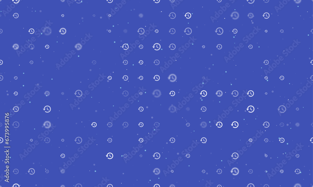 Poster seamless background pattern of evenly spaced white time back symbols of different sizes and opacity.