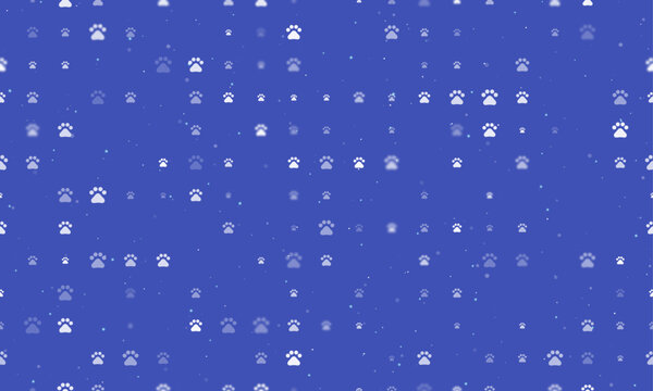 Seamless background pattern of evenly spaced white pet symbols of different sizes and opacity. Vector illustration on indigo background with stars