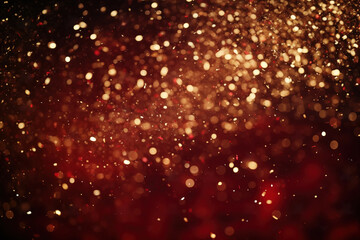 Fototapeta na wymiar Glitter Confetti Gold Dust Falling Festive Celebration Wedding Anniversary Birthday Shining Particles Glowing Light Abstract Flying Texture Effects Glittering Blurred Motion Dark Red Background