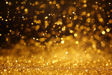 Fototapeta na wymiar Glitter Confetti Gold Dust Falling Festive Celebration Wedding Anniversary Birthday Shining Particles Glowing Light Abstract Flying Texture Effects Glittering Blurred Motion Dark Gold Background