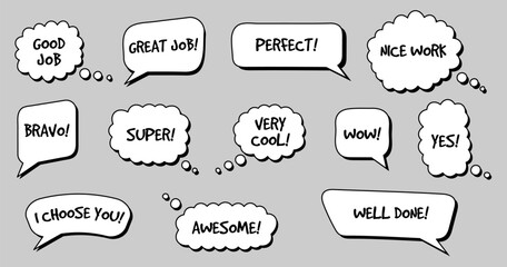Set of balloon frame with text. Speech great job ok yeah awesome retro 2000s style. Vector illustration.