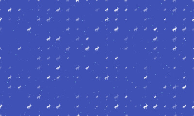 Seamless background pattern of evenly spaced white hare symbols of different sizes and opacity. Vector illustration on indigo background with stars