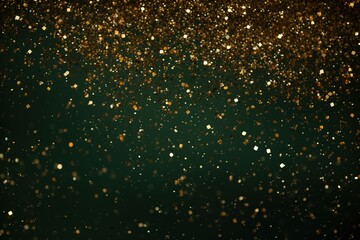 Abstract Flying Gold Dust, Confetti, Shining Particles of Glitter With Glowing Sparks of Light, Texture Effects of Falling Glittering Blurred Motion Festive Celebration on a Dark Green Background