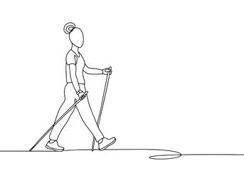 Woman. Nordic walking. One line