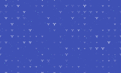Seamless background pattern of evenly spaced white zodiac aries symbols of different sizes and opacity. Vector illustration on indigo background with stars