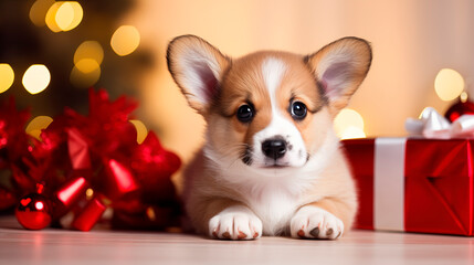 Corgi puppy among Christmas gifts on a festive background. Puppy as a gift. Dog and gift boxes with bows, New Year